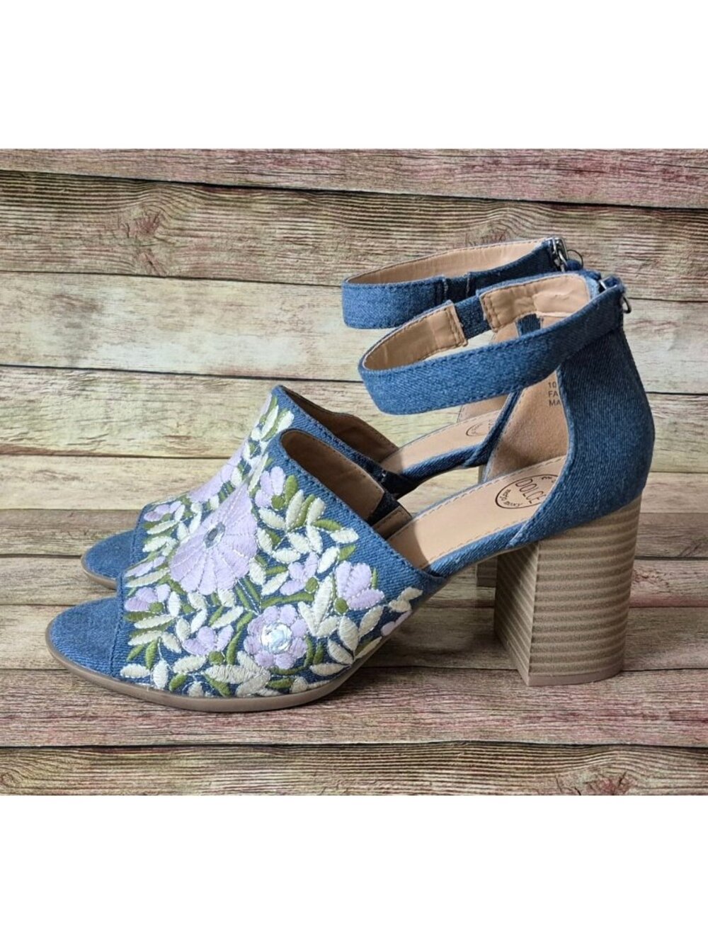 Dolce Mojo Moxy Womens 10M Blue Denim Floral Embroidered Block Heel Sandals - Picture 7 of 14